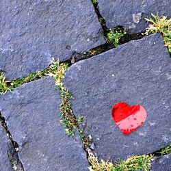 High angle view of heart shape on rock