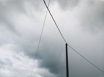 Low angle view of electricity pylon against cloudy sky