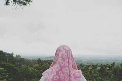 Rear view of woman looking at landscape against sky