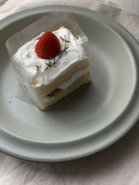 High angle view of cake in plate on table