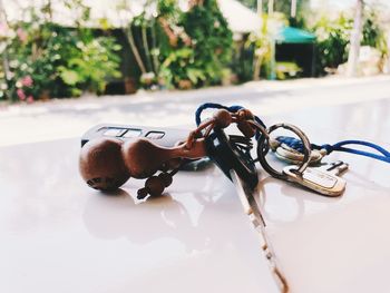 Close-up of padlock on table