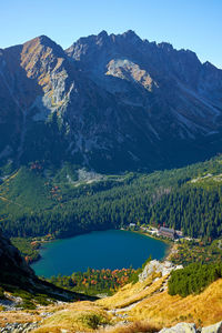 Scenic view of lake and mountains against sky