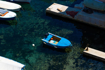 High angle view of boat moored on sea