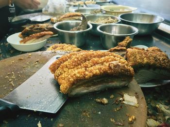 High angle view of meat in plate on table