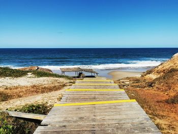 Scenic view of beach against clear blue sky