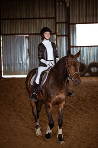 Man riding horse in stable