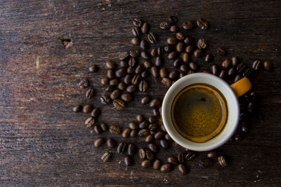 High angle view of coffee beans on table