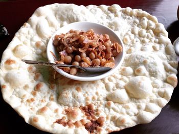 High angle view of breakfast served on table