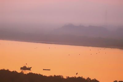 Silhouette birds flying in sky during sunset