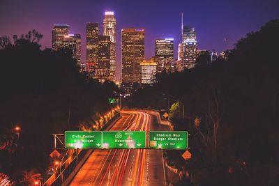 View of city lit up at night