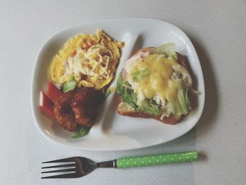 High angle view of breakfast served on table