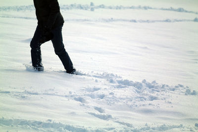 Low section of person walking on snow covered field