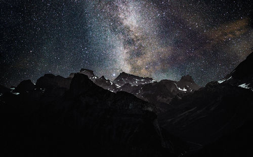 Scenic view of mountains against sky at night