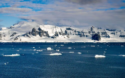 Scenic view of sea and snowcapped mountains against sky