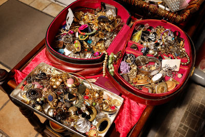 High angle view of christmas decorations on table