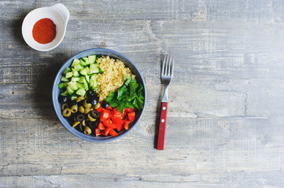 High angle view of meal served in bowl