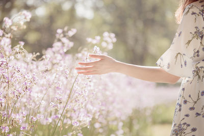 Midsection of woman holding flowering plant