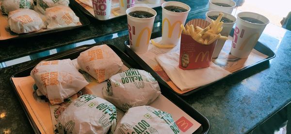 High angle view of food on table at store