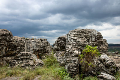 Rock formation on land against sky