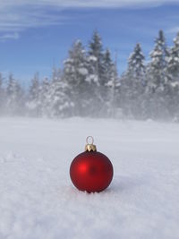 Close-up of christmas decorations on snow covered field