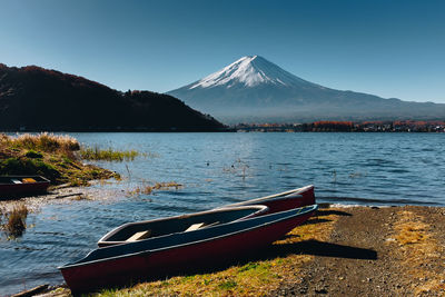 Scenic view of lake and mountains against clear blue sky