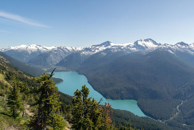 High angle view of mountains against clear blue sky