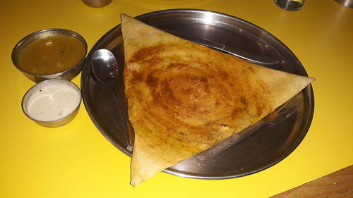 High angle view of food in plate on table