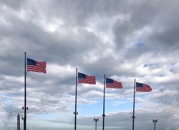 Low angle view of flag flags against sky