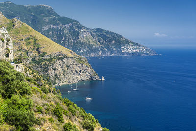 Scenic view of sea and mountains against sky