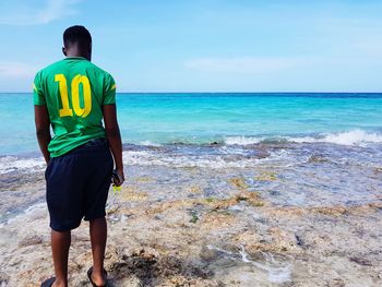 Rear view of man standing on beach against sky