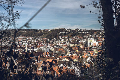 High angle shot of townscape against sky