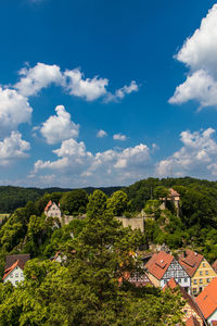 Trees and townscape against sky