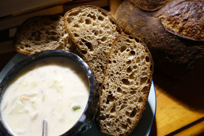 High angle view of bread with condiment in plate on table