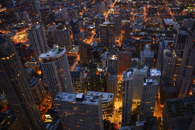 High angle view of modern buildings in city