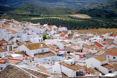 High angle view of houses in town