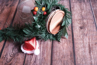 High angle view of christmas decorations on table