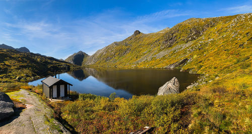 Scenic view of lake by buildings against sky