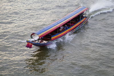 High angle view of red boat in water