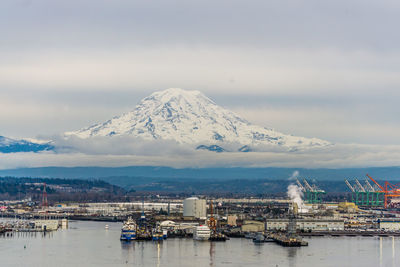 Mount rainier covered with snow behind the port of tacoma.