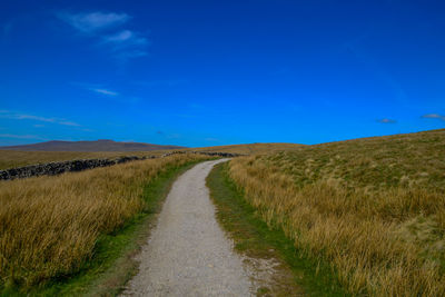 Dirt road amidst field against blue sky