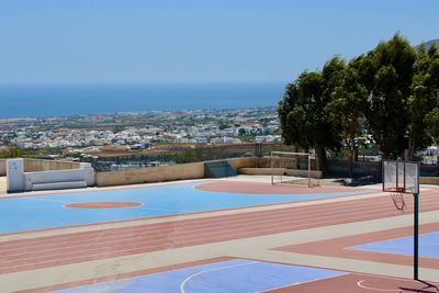 High angle view of basketball court against clear sky