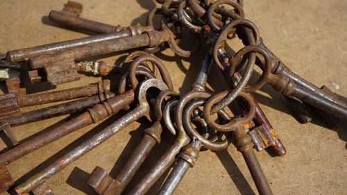 Close-up of rusty metal chain against wall