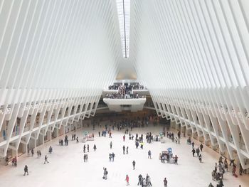 High angle view of people in corridor