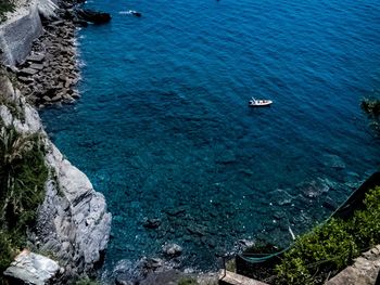 High angle view of sailboat in sea