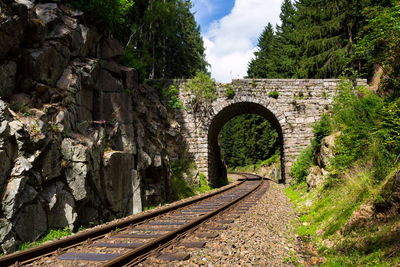 Railroad tracks amidst trees against sky