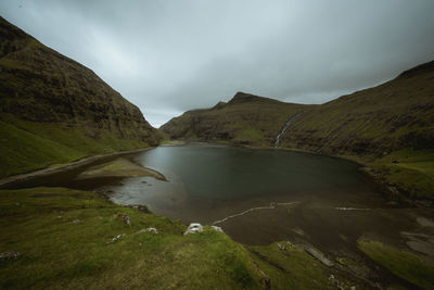 Scenic view of river amidst mountains against sky