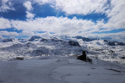 Scenic view of snow covered mountains against sky