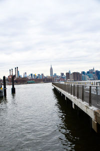View of buildings by river against cloudy sky