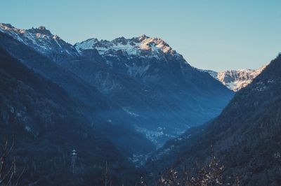 Scenic view of snowcapped mountains against clear sky