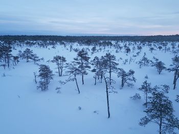 Scenic view of snow covered land against sky